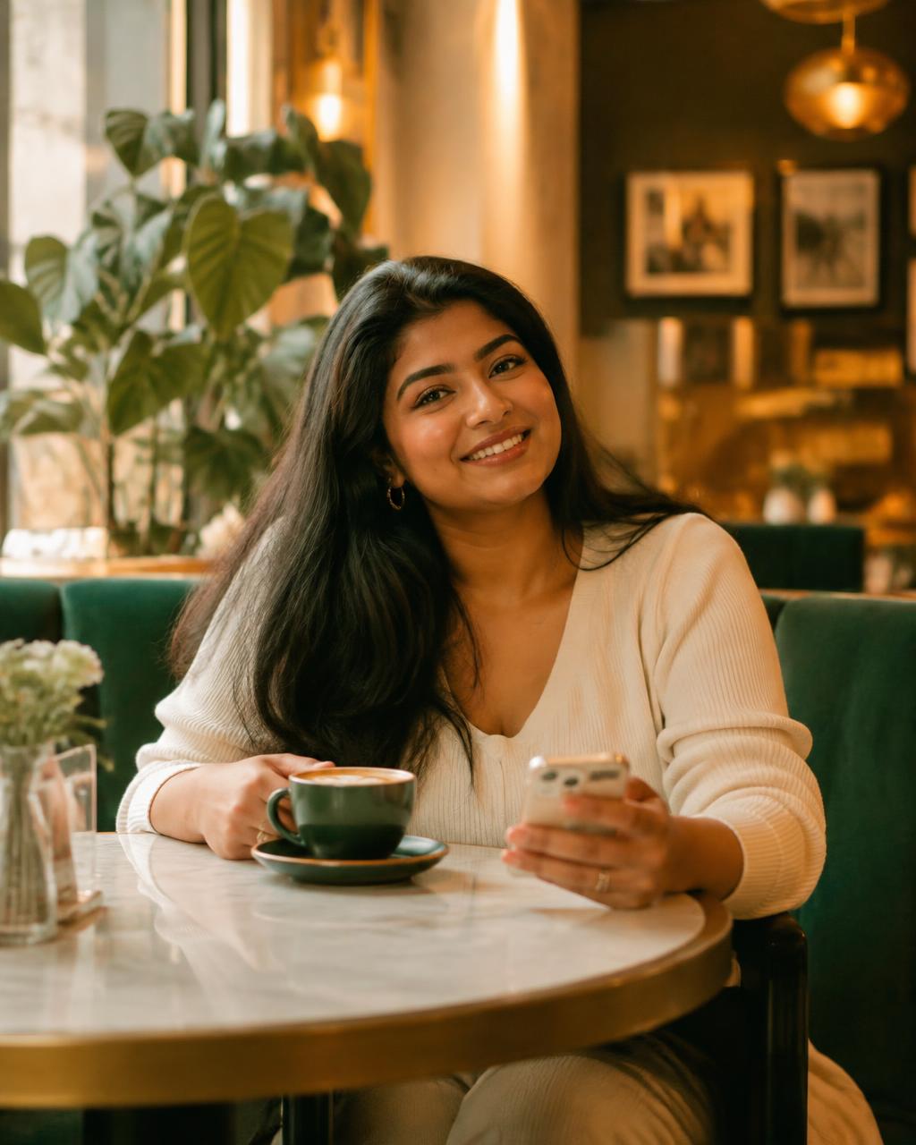 Ambassador using her phone in a cafe